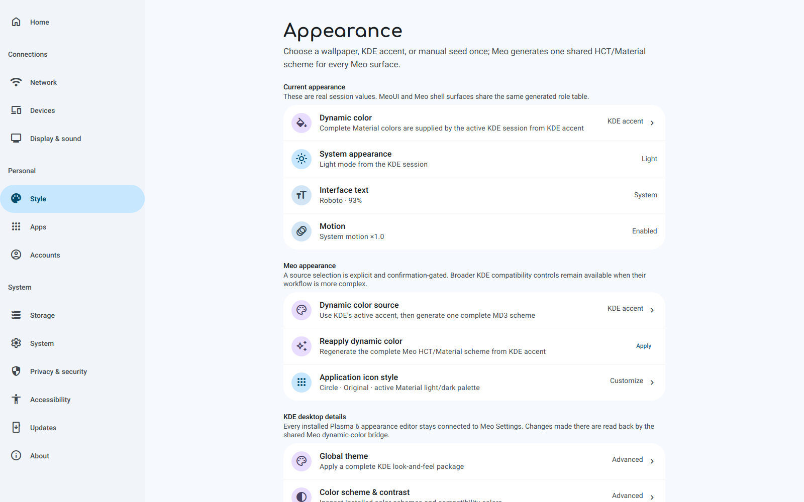 Meo Settings Appearance page captured on real hardware